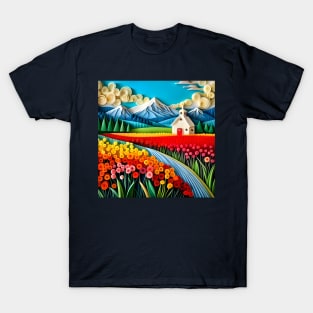 Swirly Quilled Fantasy Field of Multicolor Flowers and Mountains T-Shirt